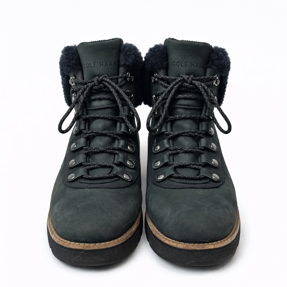 Cole Haan Black Shearling Trim Lace‑Up Winter Boots Size 8.5 B
